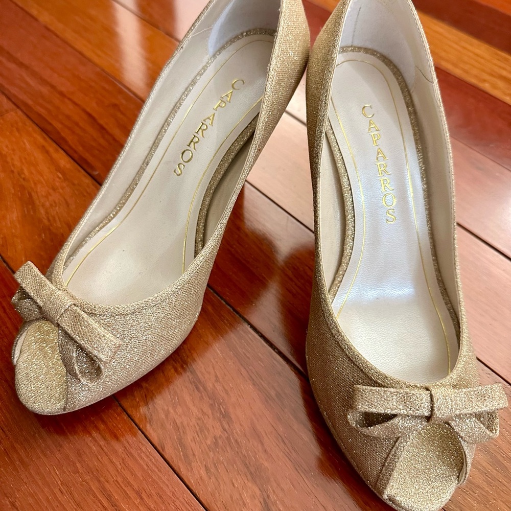 Caparros Glittering Gold Heels with Bow